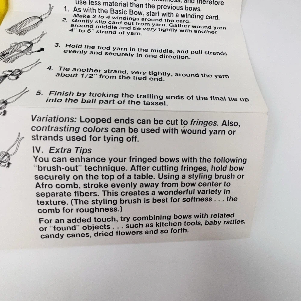 Vintage 70's Gift Wrapping Yarn & Instructions Yellow Acrylic Gift Bows Crafts